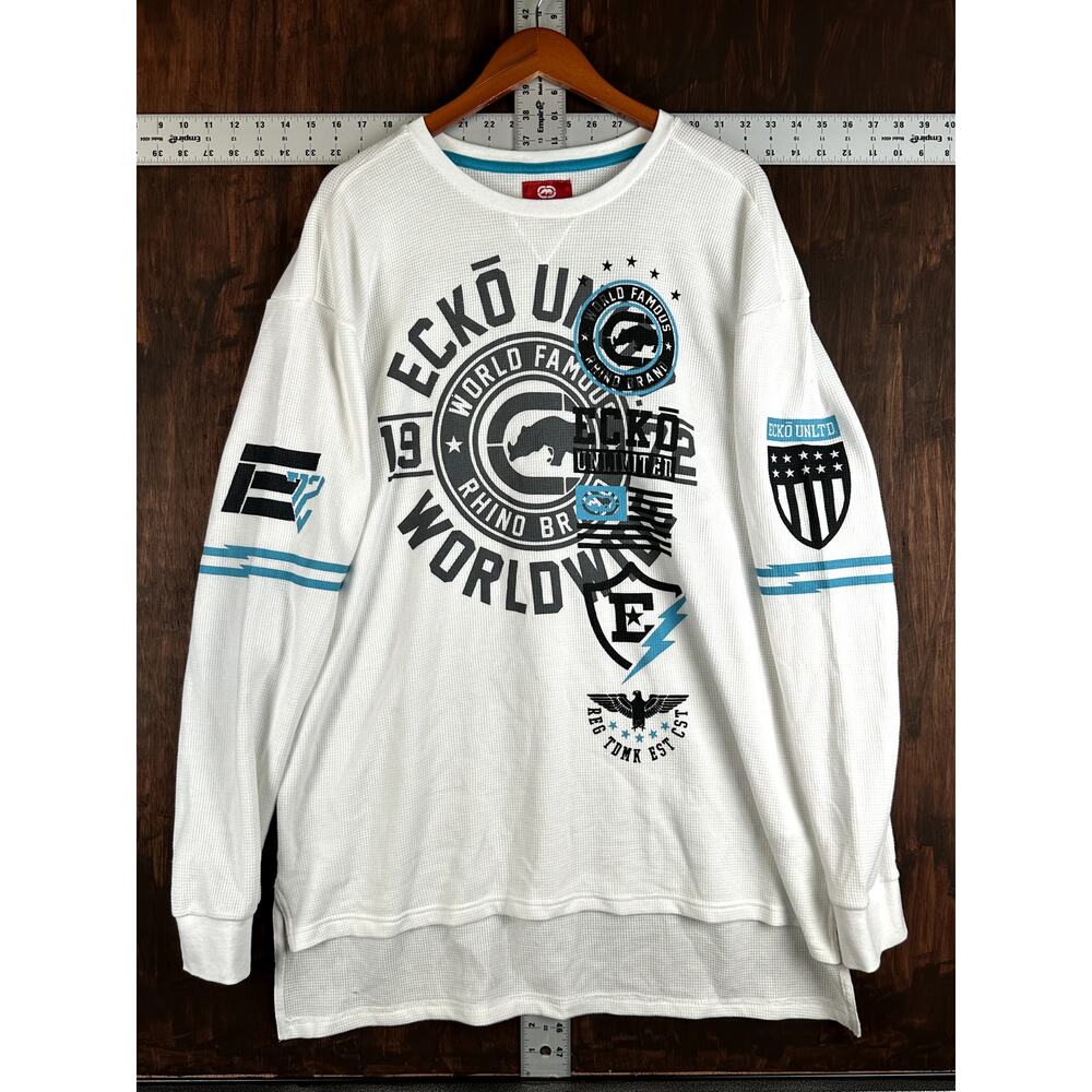 Ecko Unlimited E72 Thermal‎ Long Sleeve Y2k Style Shirt White Black Mens 2XL XXL